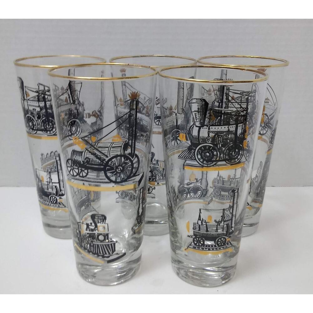 Vtg Libby Glassware Locomotive Trian Engine Industrial Age Steampunk Set of 5